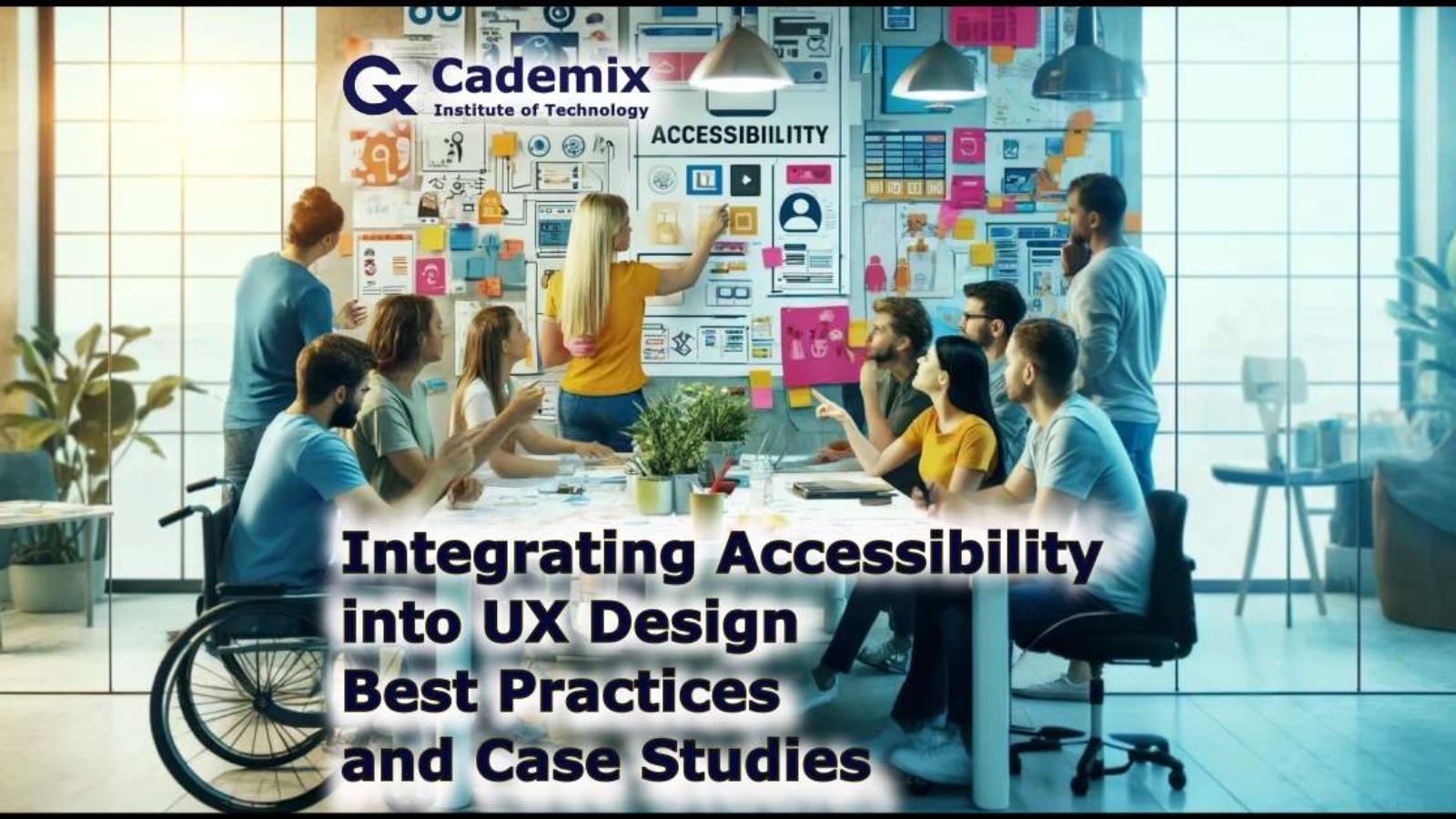 The scene shows them around a large table, surrounded by colorful sticky notes, sketches, and diagrams, in a vibrant and creative environment. By Samareh Ghaem Maghami, Cademix Magazine.