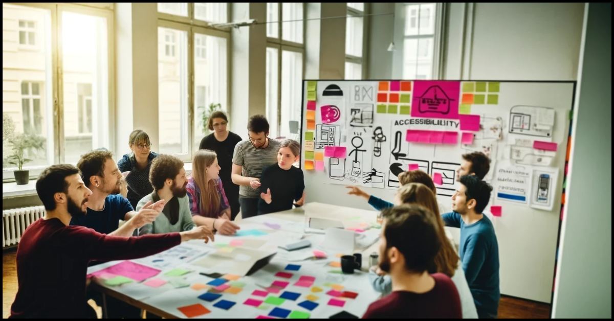 This images depicting a lively workspace where a group of UX designers is engaged in a brainstorming session focused on an accessibility project. By Samareh Ghaem Maghami, Cademix Magazine.