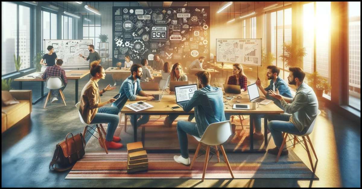 This image is a captures a dynamic, energetic startup environment where a team of UX designers in casual clothes is actively engaged in discussing emerging trends in accessible UX design. By Samareh Ghaem Maghami, Cademix Magazine.