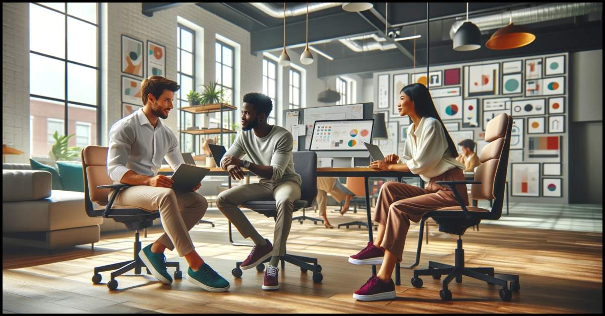 In this image featuring a refreshed and innovative and colorful office and showing three people conversating together. By Samareh Ghaem Maghami, Cademix Magazine.