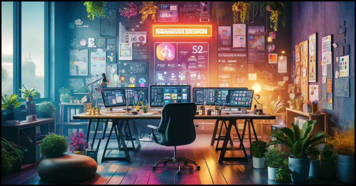 This image of a vibrant, creative workspace tailored for a UX design project focused on accessibility. This alternative setup features a dynamic desk with multiple monitors, mood boards, and concept sketches, all under soft, ambient lighting to enhance the creative atmosphere. By Samareh Ghaem Maghami, Cademix Magazine.