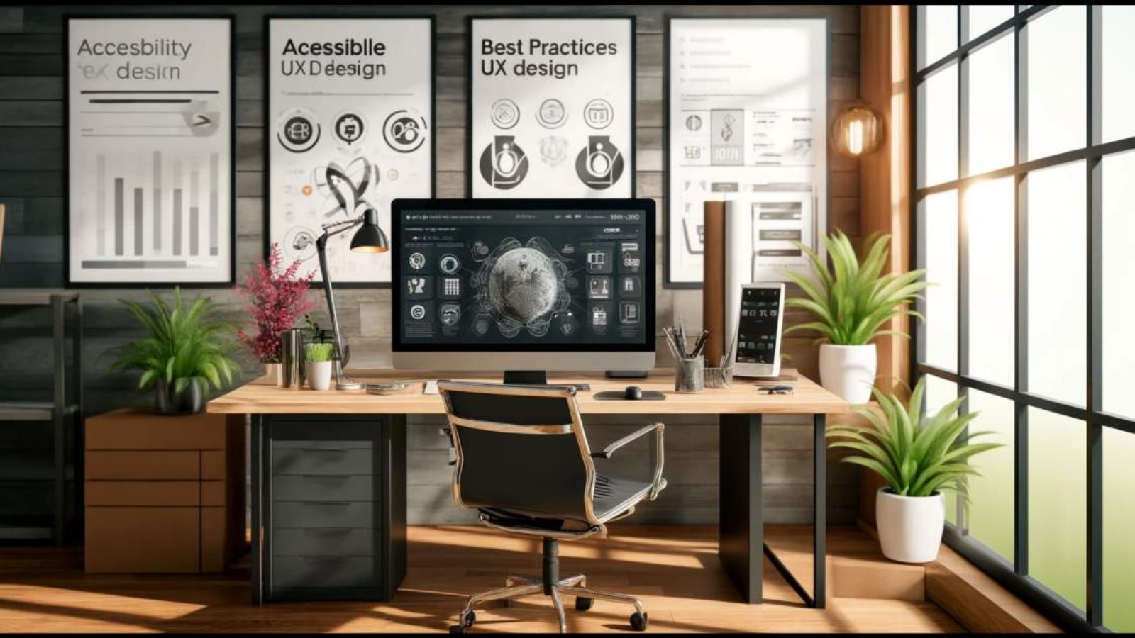 The image of a professional workspace, and the setup highlights a spacious desk with tools and visuals dedicated to UX design accessibility, set in a bright, eco-friendly environment.
