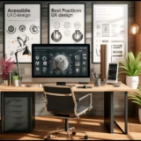 The image of a professional workspace, and the setup highlights a spacious desk with tools and visuals dedicated to UX design accessibility, set in a bright, eco-friendly environment.