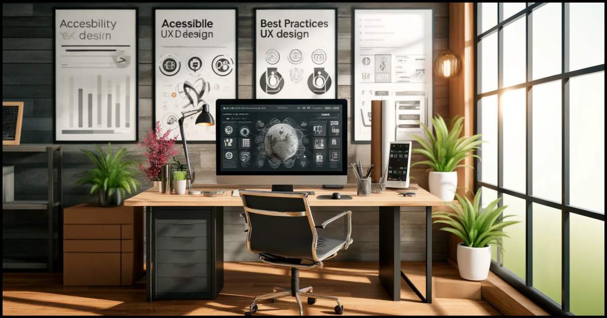 The image of a professional workspace, and the setup highlights a spacious desk with tools and visuals dedicated to UX design accessibility, set in a bright, eco-friendly environment.
