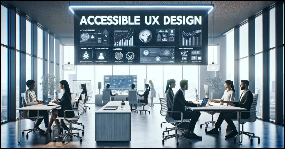 This image shows a modern, professional workspace where a team of UX designers is focused on discussing emerging trends and career opportunities in accessible UX design. By Samareh Ghaem Maghami, Cademix Magazine.