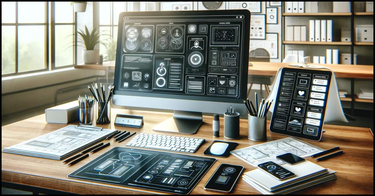 This image featuring a modern workspace with a variety of UX design tools and technologies. By Samareh Ghaem Maghami, Cademix Magazine.