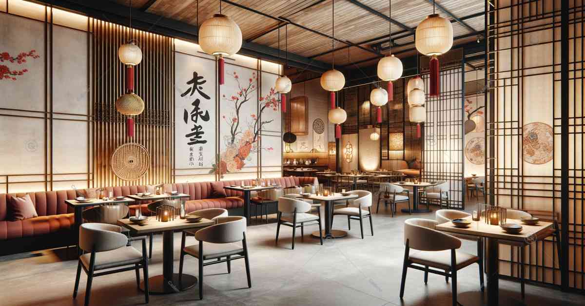 Here is an image presenting a contemporary restaurant interior that beautifully incorporates traditional oriental motifs with a minimalist design. This setting features elements like bamboo partitions, delicate paper lanterns, and traditional calligraphy, complemented by modern furniture and a warm color palette.