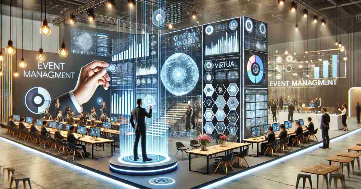 A futuristic event management scene combining holographic displays and virtual reality with traditional event décor.