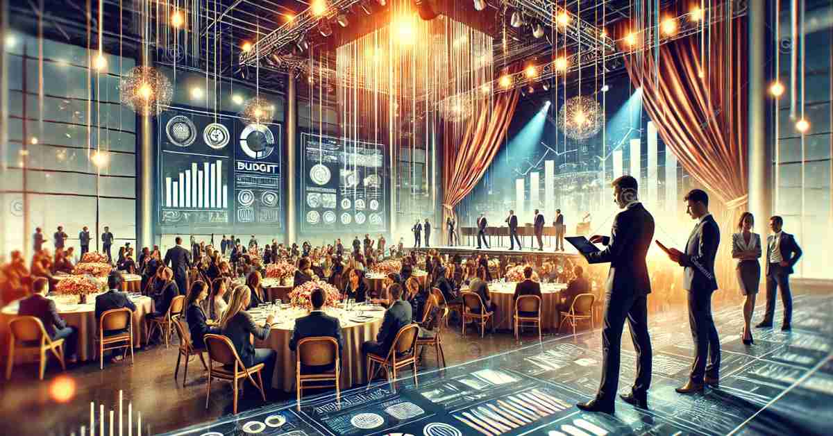 A vibrant scene showing an event manager coordinating both an indoor conference area and an outdoor event space.