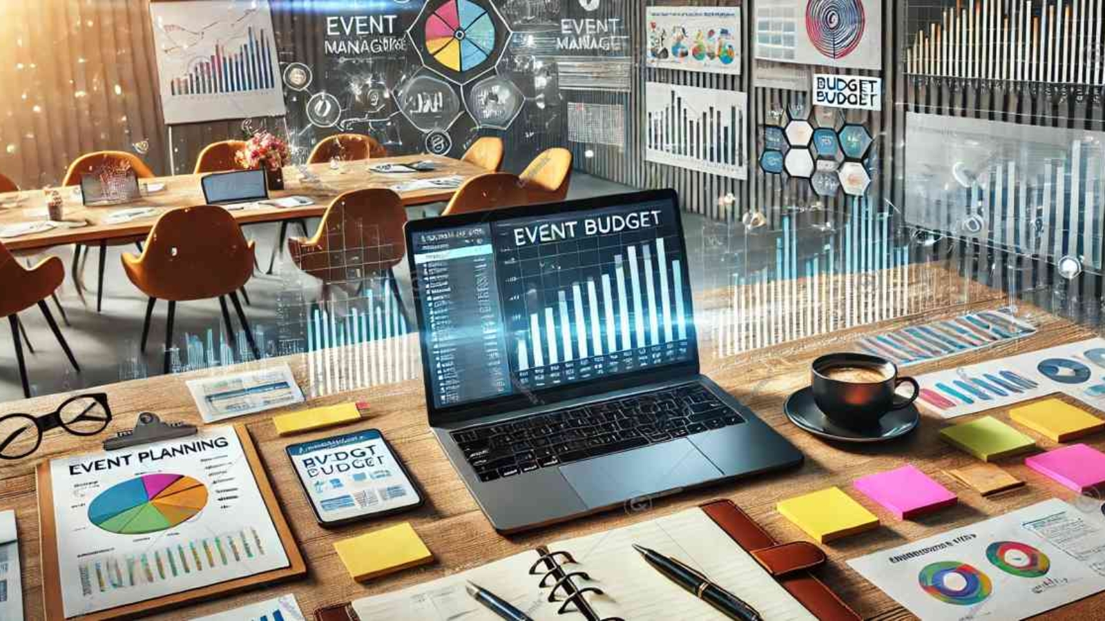 A dynamic, professional scene of an event planning workspace. The scene features a modern desk with an open laptop displaying event management software. The image reflects the dynamic and professional nature of budget management in event planning.