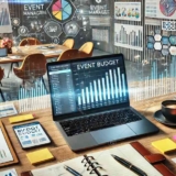 A dynamic, professional scene of an event planning workspace. The scene features a modern desk with an open laptop displaying event management software. The image reflects the dynamic and professional nature of budget management in event planning.