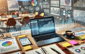 A dynamic, professional scene of an event planning workspace. The scene features a modern desk with an open laptop displaying event management software. The image reflects the dynamic and professional nature of budget management in event planning.