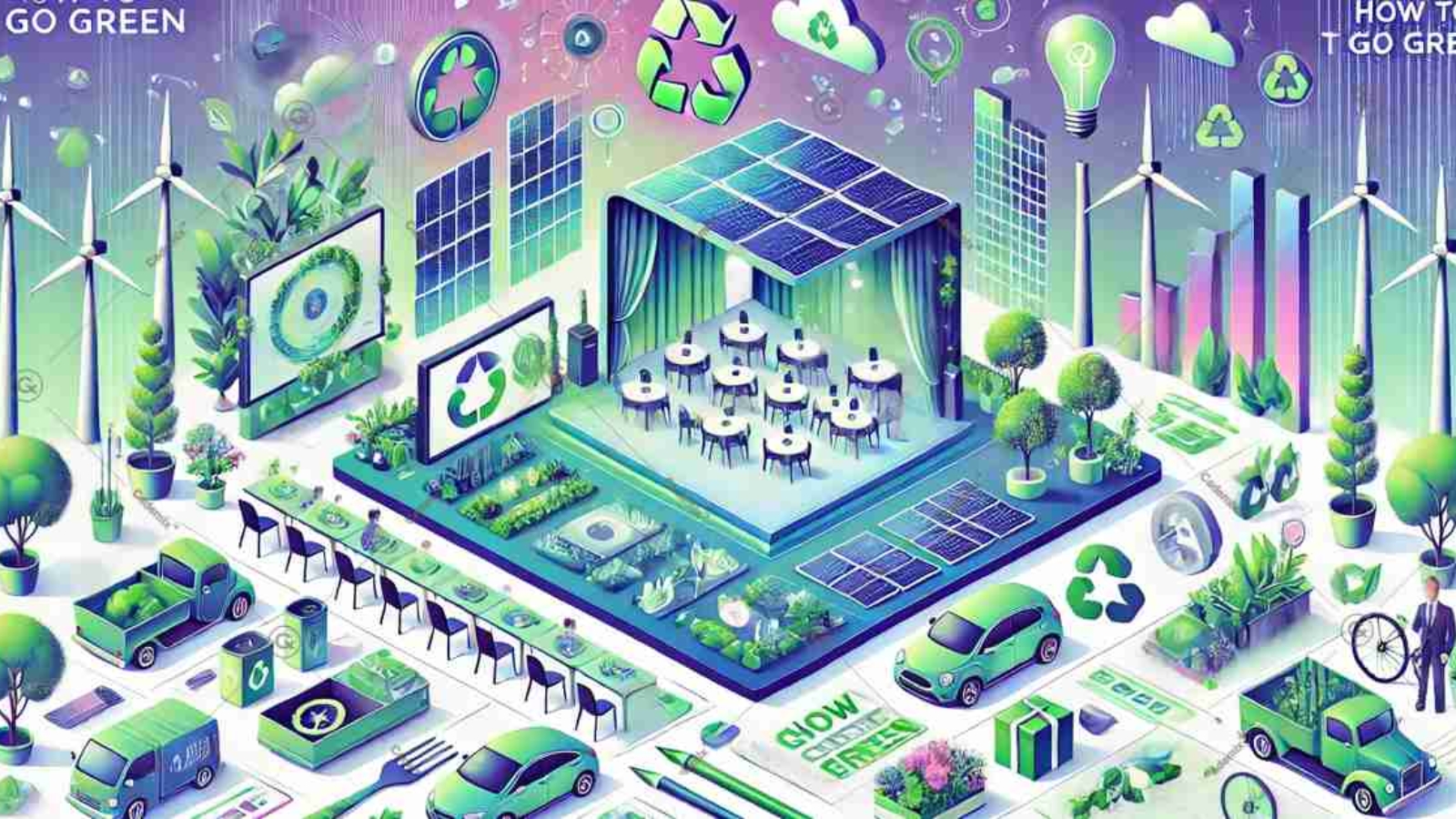 The illustrative image with a cool and modern color palette, focusing on sustainable event planning. It features elements like solar-powered lighting, green energy sources, and eco-friendly activities.