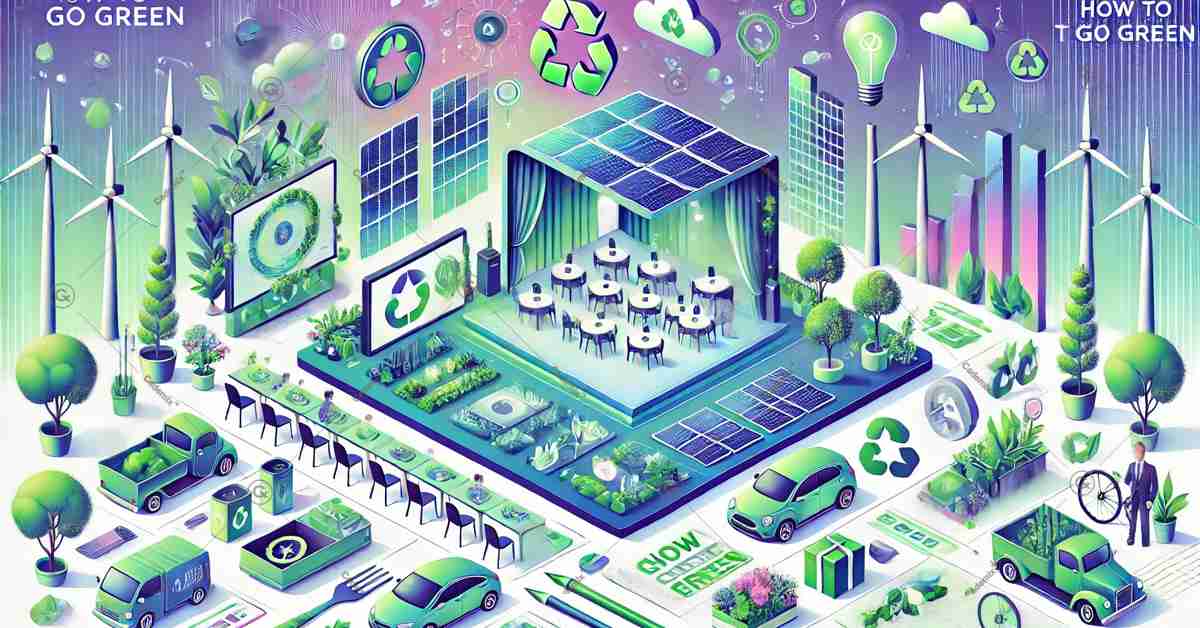 The illustrative image with a cool and modern color palette, focusing on sustainable event planning. It features elements like solar-powered lighting, green energy sources, and eco-friendly activities.