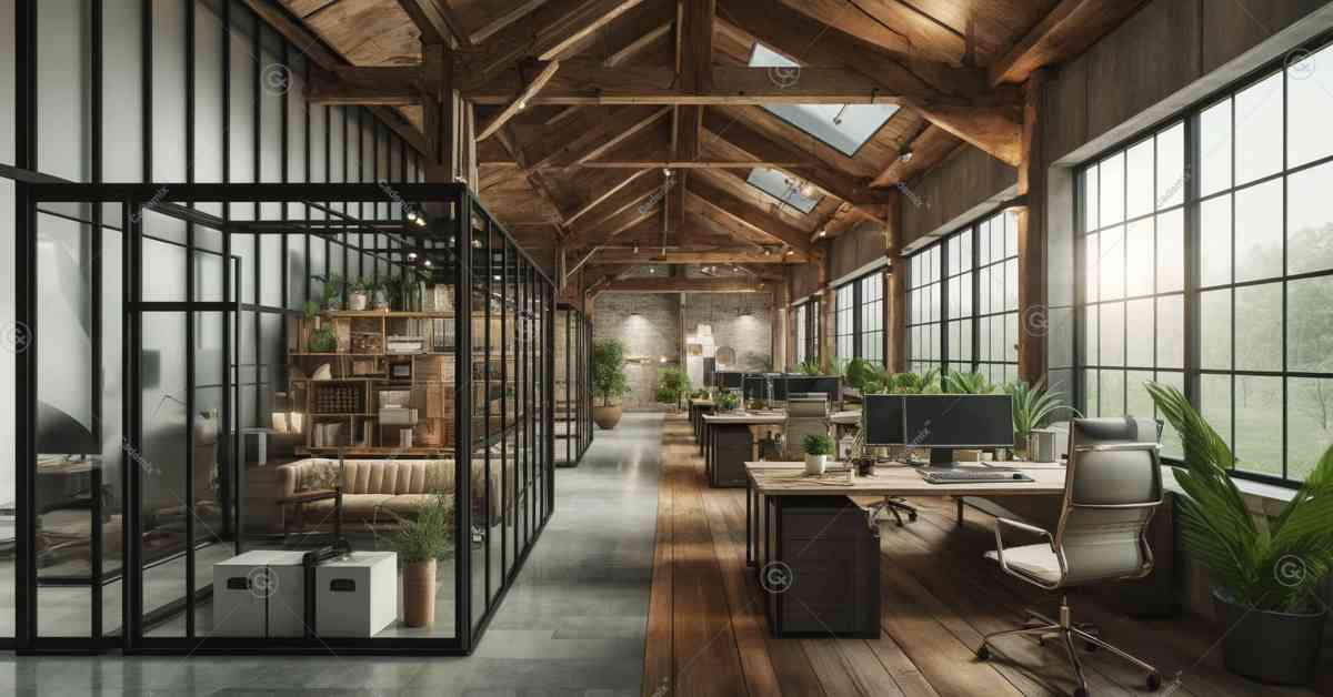 There is an image of a hybrid architectural office that incorporates both rustic and contemporary elements. This design uniquely blends rough-hewn wood beams with sleek glass partitions, alongside modern ergonomic furniture and vintage decor, creating a workspace that is both traditional and modern. The focused keyword is 3D-Planning software.