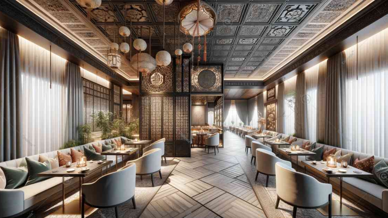 This is a luxurious restaurant interior adorned with traditional oriental symbols, blending minimalist and human-centered design elements. This image features intricate details such as lattice work, ornate carvings, and silk tapestries set against a modern layout.