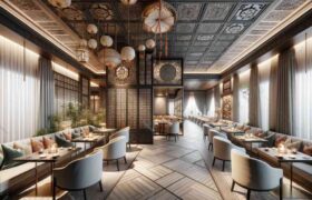 This is a luxurious restaurant interior adorned with traditional oriental symbols, blending minimalist and human-centered design elements. This image features intricate details such as lattice work, ornate carvings, and silk tapestries set against a modern layout.