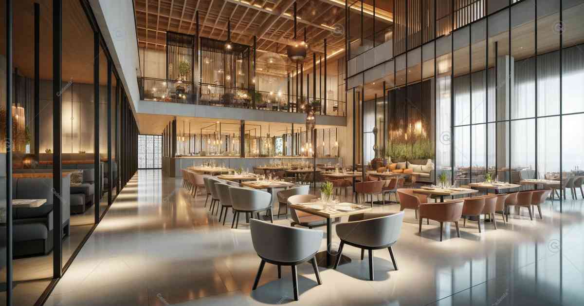 This image shows a modern and elegant restaurant interior designed with elements of minimalism and human-centered design. This setting features an open concept, high ceilings, and a sophisticated blend of textures.