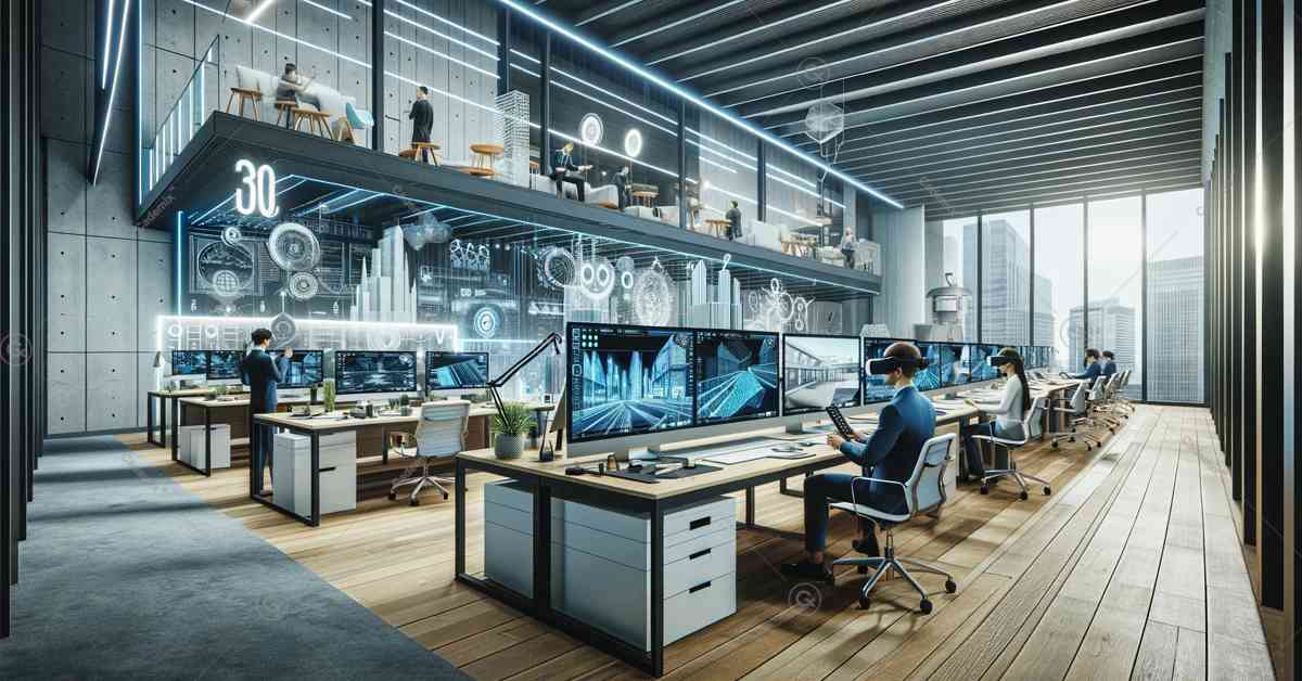 This image depicts a modern architecture office showcasing high-tech workstations, VR technology, and interactive touchscreens, reflecting the integration of cutting-edge technology in architectural practices.