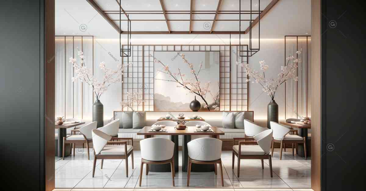 This image is depicting a modern restaurant interior that skillfully blends traditional oriental elements with minimalist design. This serene and sophisticated space features cherry blossom motifs, elegant porcelain vases, and sleek wooden furniture, all set against a backdrop of soft pastels and white.