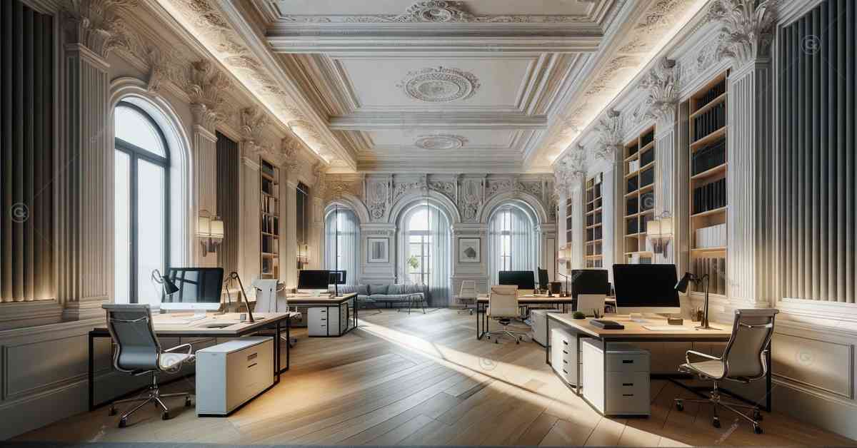 Here is an image of a modern-traditional hybrid architectural office. The design seamlessly integrates elegant old-world elements like intricate plasterwork and classic columns with ultra-modern fixtures, providing an inspiring and functional workspace that blends historical depth with cutting-edge technology. The focused keyword is 3D-Planning software.