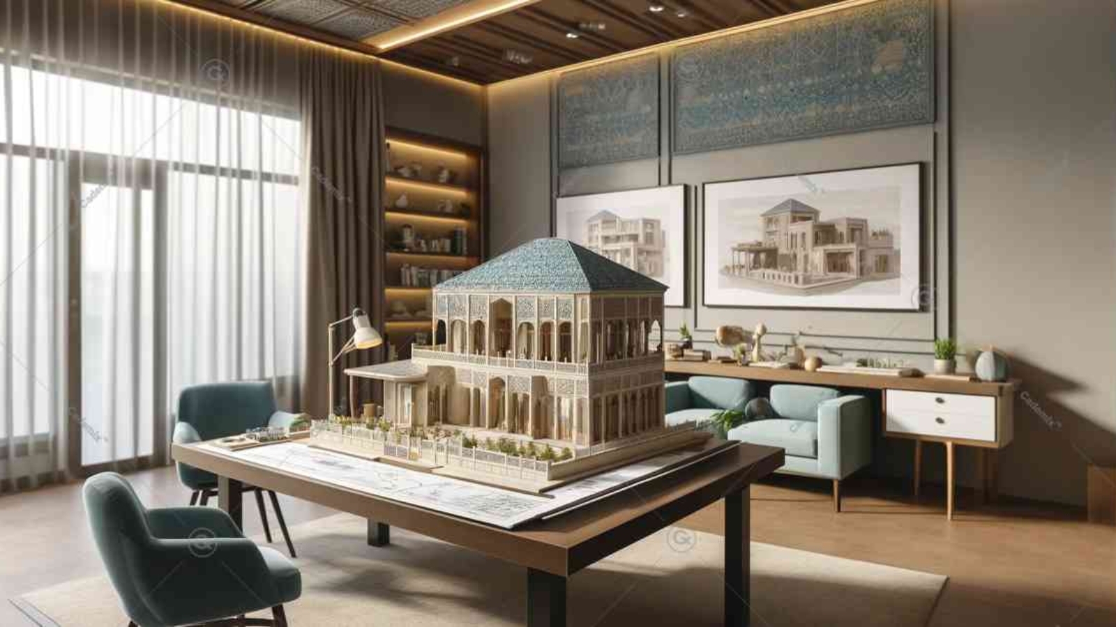 This image showing a professional interior design studio with a detailed model of a traditional Iranian house on a large table. The studio features moderate color accents in soft blue and green, enhancing the sophisticated atmosphere suitable for architectural presentations.