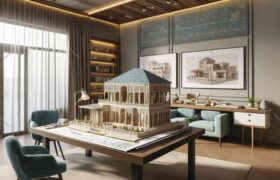 This image showing a professional interior design studio with a detailed model of a traditional Iranian house on a large table. The studio features moderate color accents in soft blue and green, enhancing the sophisticated atmosphere suitable for architectural presentations.