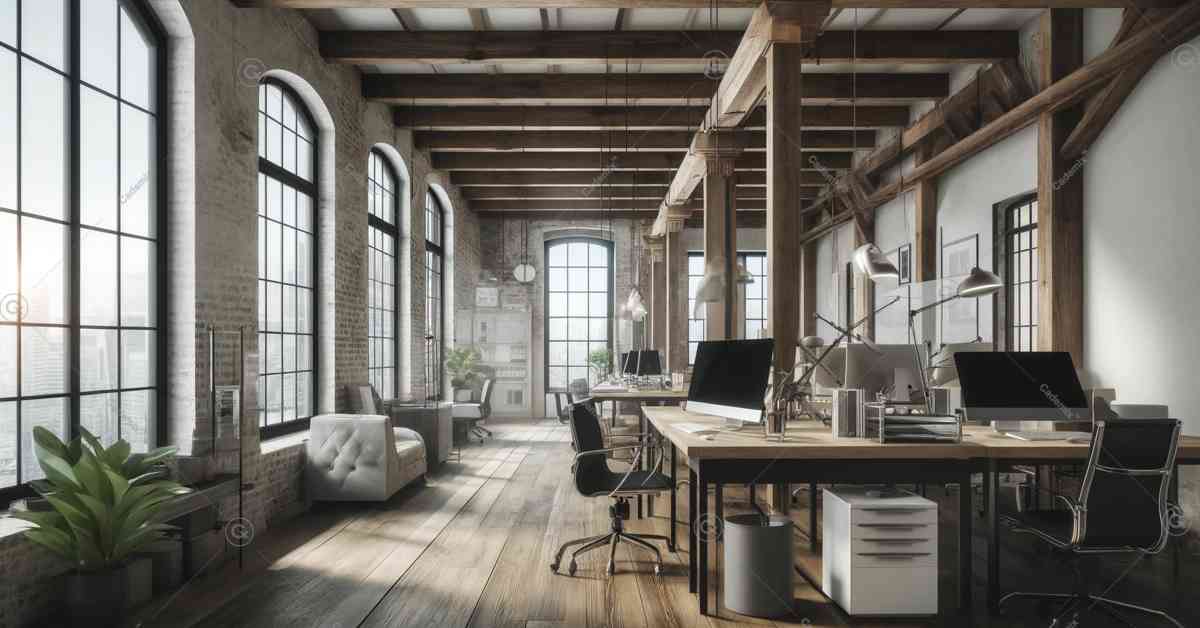 Here is the image of an architectural office that creatively combines traditional and modern design elements. This setting features a harmonious mix of exposed wooden beams, traditional brick walls, and modern furniture, illuminated by natural light from large windows, capturing the essence of a space that bridges historical charm with contemporary functionality. The focused keyword is 3D-Planning software.