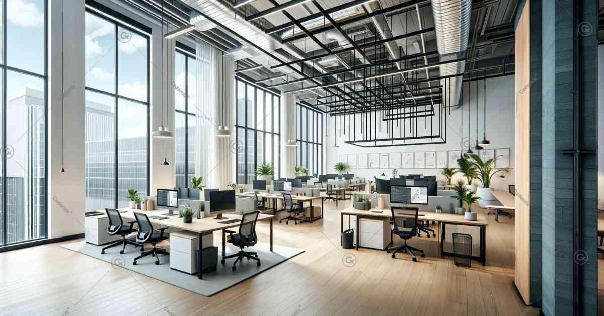 This image illustrates a modern architecture office designed for productivity and creativity with open collaborative spaces, ergonomic workstations, and minimalist decor.