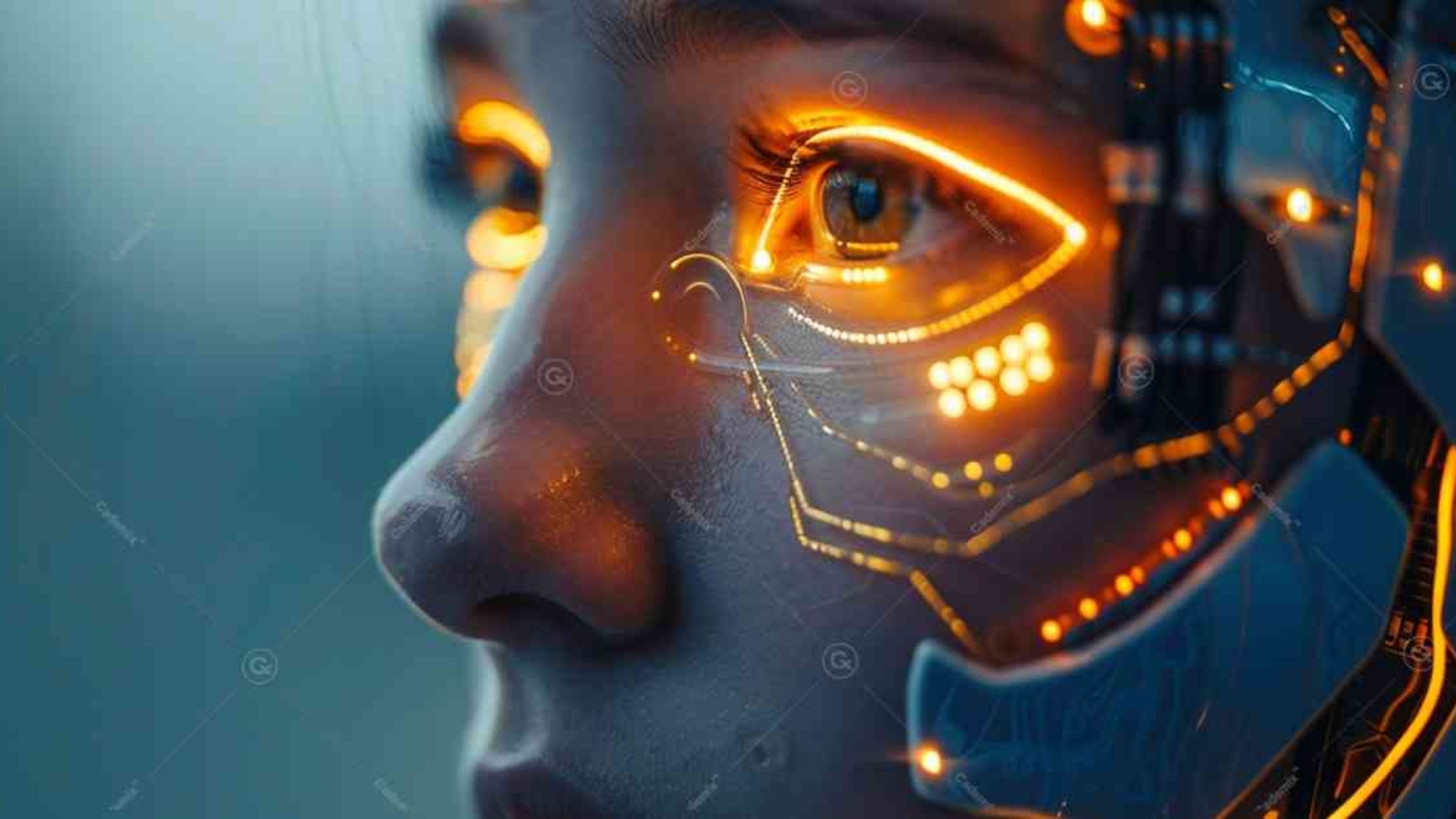 In this image, a woman's face can be seen with a robot on part of her face, which shows the close and inseparable connection between humans and technology, especially in artificial intelligence. In this article, the topic of job interview is discussed.