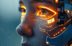 In this image, a woman's face can be seen with a robot on part of her face, which shows the close and inseparable connection between humans and technology, especially in artificial intelligence. In this article, the topic of job interview is discussed.