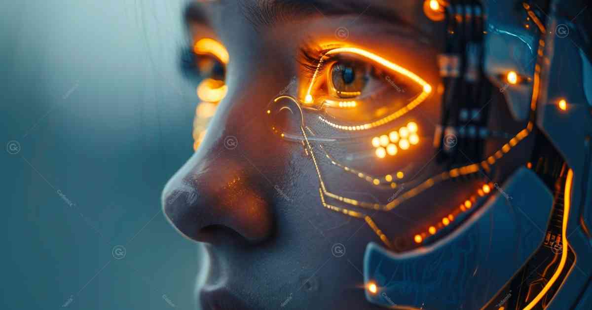 In this image, a woman's face can be seen with a robot on part of her face, which shows the close and inseparable connection between humans and technology, especially in artificial intelligence. In this article, the topic of job interview is discussed.