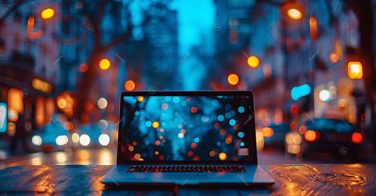 This image shows a laptop in the middle of the night with a background of the city.