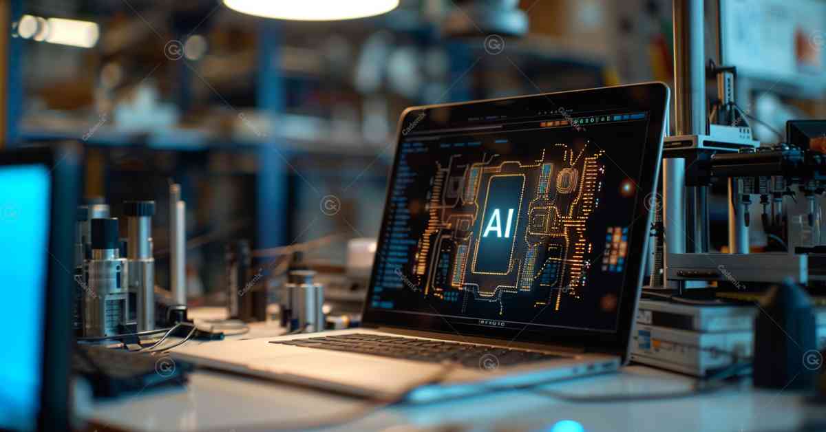 In this picture, a laptop can be seen, in the background of which the word "AI" is written, and it is a sign of human's working relationship with chatgpt.