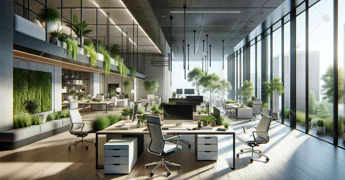 This image  showcasing a modern and elegant office space designed with a focus on minimalist and sustainable interior design. This image visually represents the themes discussed in your article on project L management strategies for interior designers.