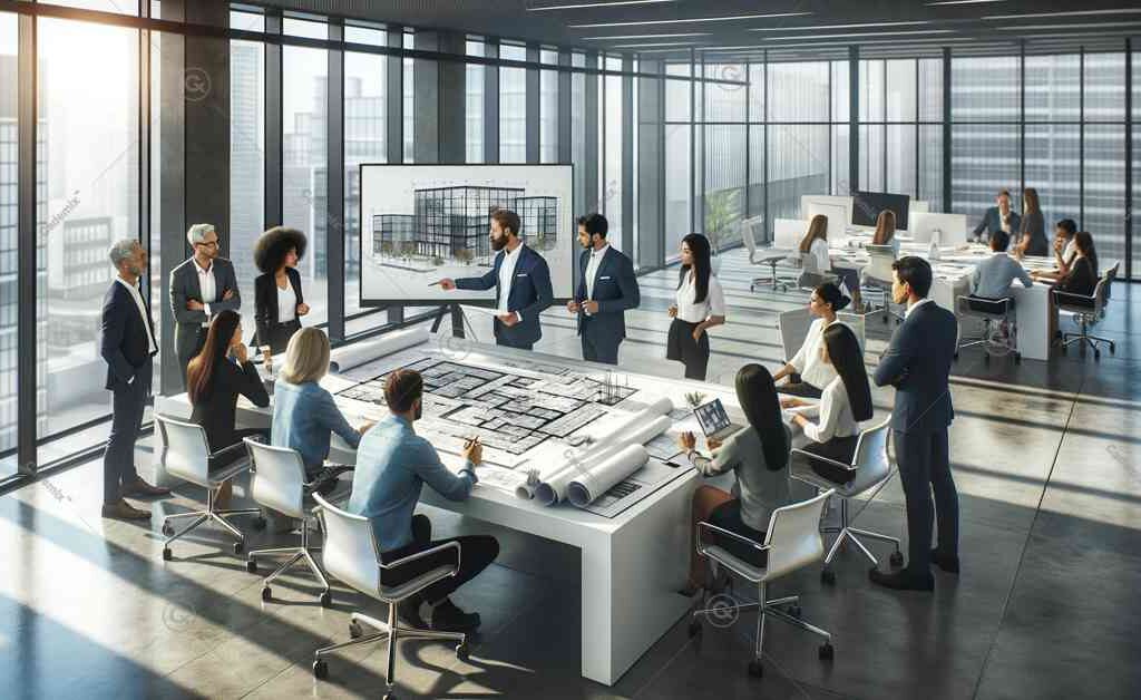 This image showing showing a professional and collaborative workspace with a diverse group of interior designers and architects engaged in a project meeting and focusing on cross functional team collaboration.