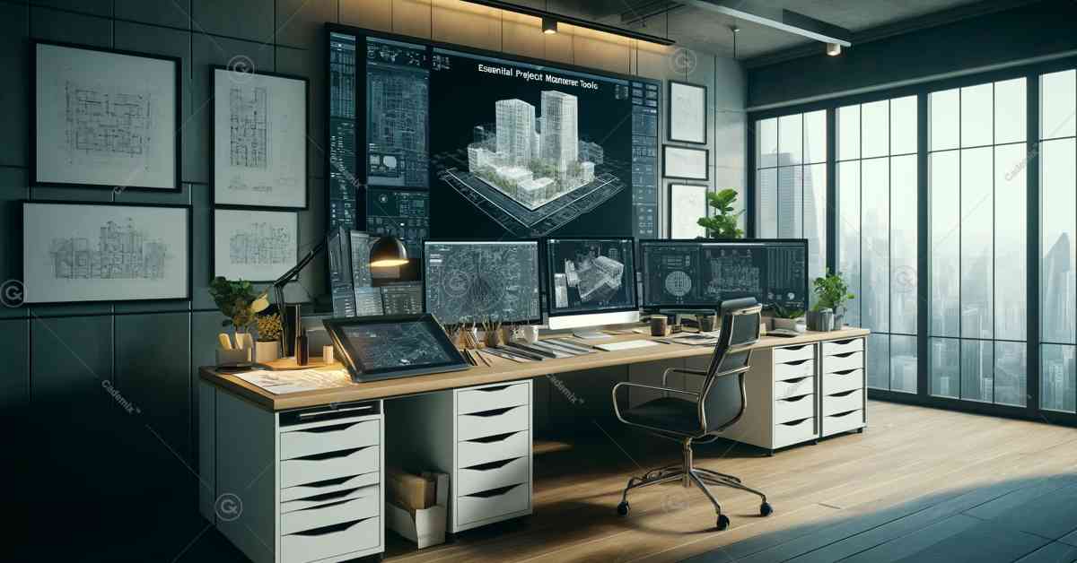 This image showing a modern office setup equipped with key software and tools like AutoCAD and SketchUp, essential for 3D modeling and architectural planning in the interior design industry.