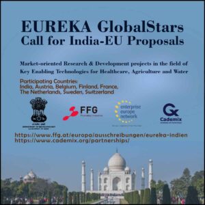 Eureka India EU GlobalStars Cademix Partnership Healthcare Agriculture Water Call for Proposals India Austria Sweden Netherlands France Finland Belgium Switzerland Ausschreibung