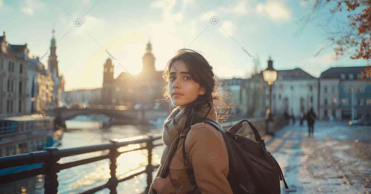 This picture shows an oriental girl who is sightseeing in a European country.