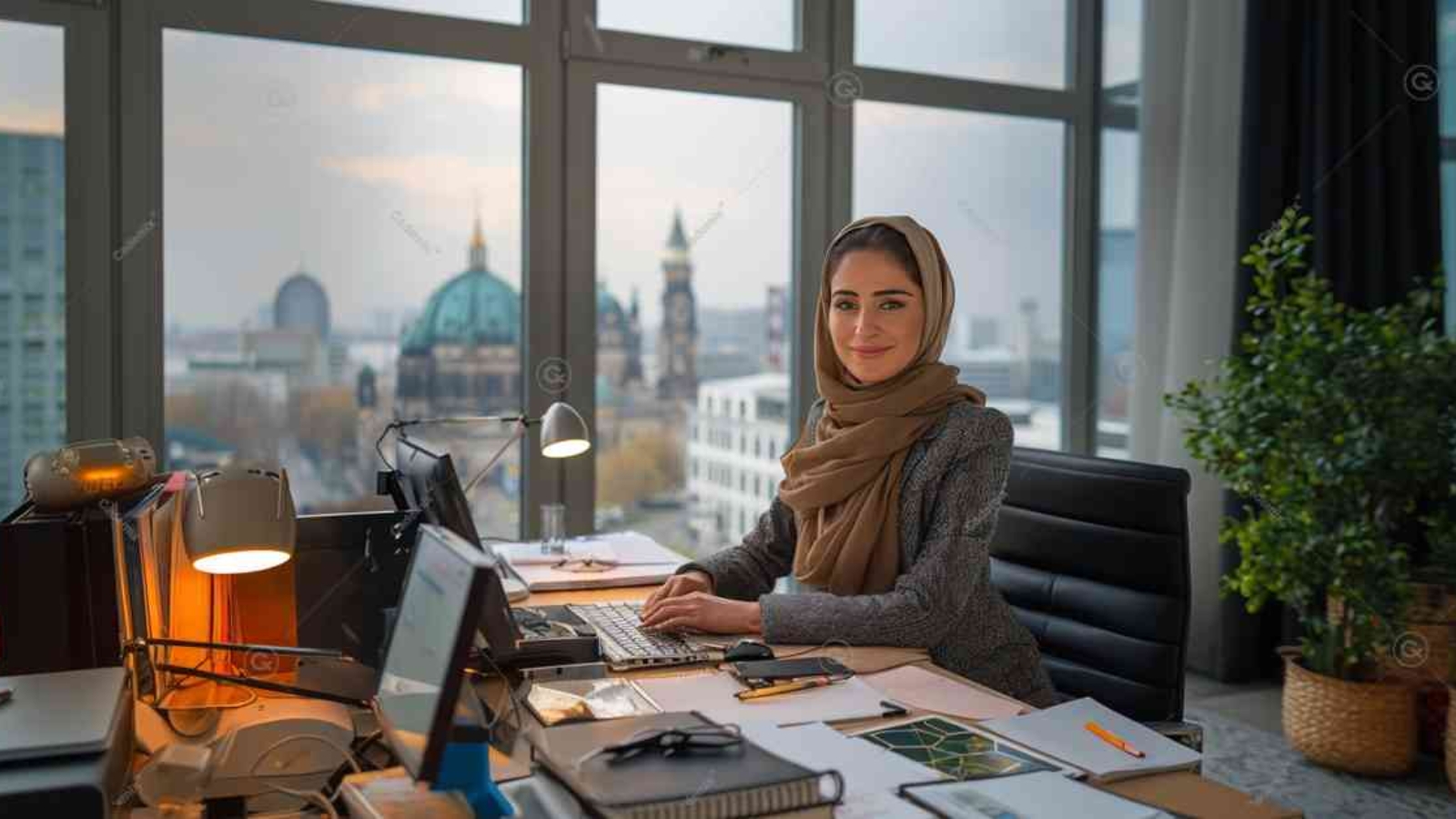 You can see the image of a woman sitting at her desk on the top floor of an apartment and looking at the camera and And maybe she checks her job offers. Germany's Biggest Cities