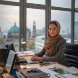 You can see the image of a woman sitting at her desk on the top floor of an apartment and looking at the camera and And maybe she checks her job offers. Germany's Biggest Cities