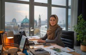 You can see the image of a woman sitting at her desk on the top floor of an apartment and looking at the camera and And maybe she checks her job offers. Germany's Biggest Cities