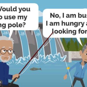 Metaphor Animation Old Man offer help career development careeradvice job seeker Fishing Pole Young guy busy Fish search