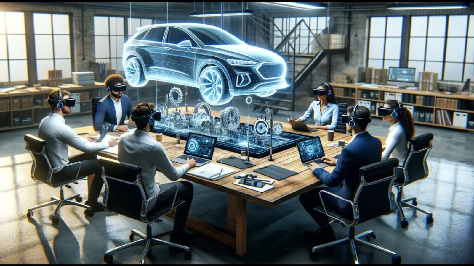 Designer colleagues are sitting around a table in a business meeting while wearing virtual reality glasses and deciding together to design a car. Effective Multi-Platform Communication: Integrating Email, WhatsApp, and Other Messaging Platforms