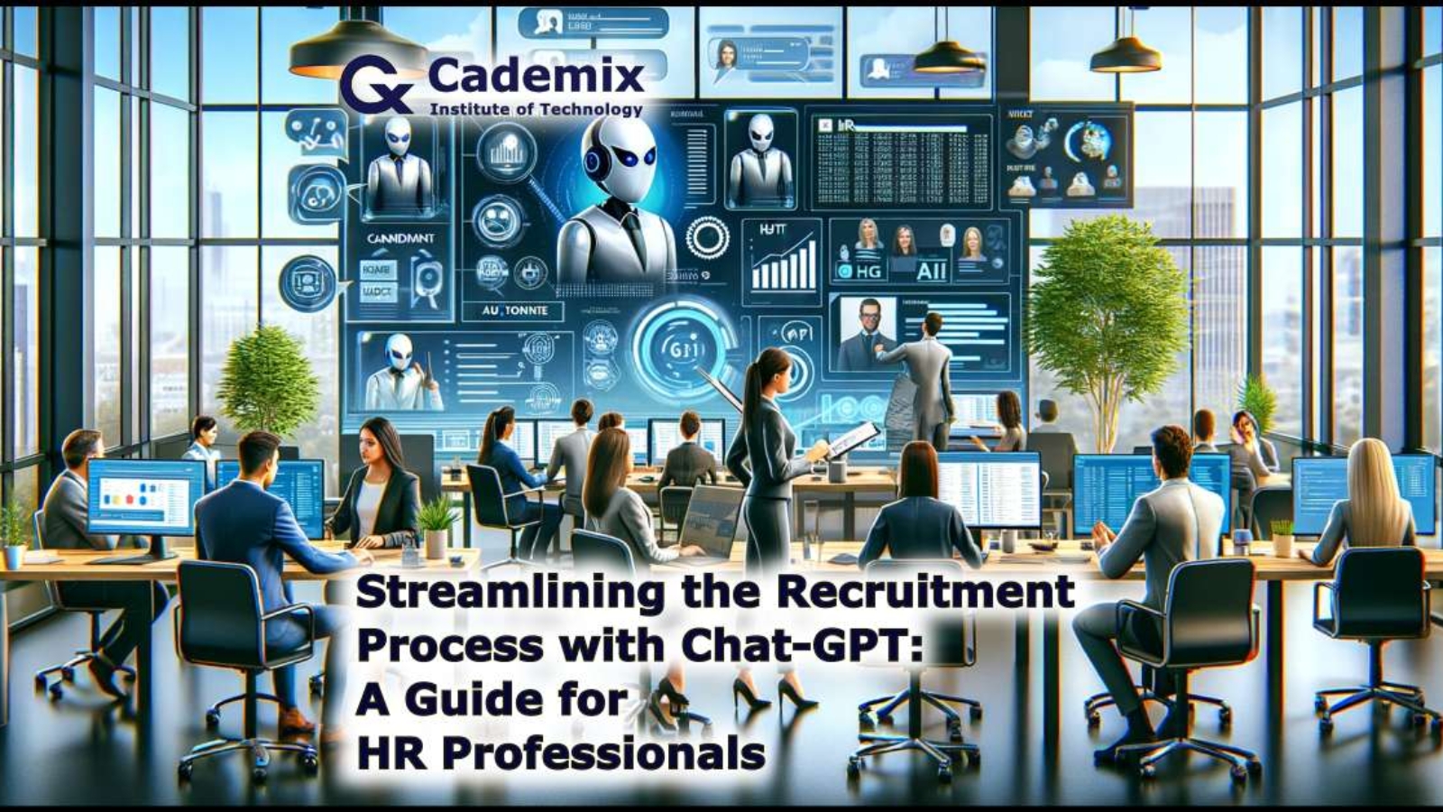 This image illustrating the use of Chat-GPT to streamline the recruitment process for HR professionals is now available. It shows a modern office setting where HR staff utilize AI tools to enhance various aspects of the recruitment workflow.