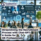 This image illustrating the use of Chat-GPT to streamline the recruitment process for HR professionals is now available. It shows a modern office setting where HR staff utilize AI tools to enhance various aspects of the recruitment workflow.