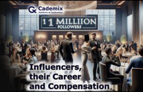 A high-profile social media influencer at a luxury event, engaging with guests in a setting that emphasizes their status as an influencer with over 1 million followers. By Samareh Ghaem Maghami, Cademix Magazine