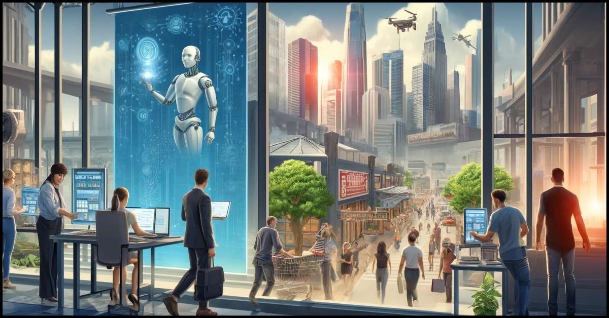 This image illustrating the impact of GPT-4o on daily life and industries, showing a modern cityscape where people interact with AI in various everyday and industrial settings.