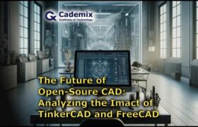 A horizontal full HD image of a futuristic CAD design studio, featuring a large monitor with complex CAD software interface, high-tech gadgets and tools